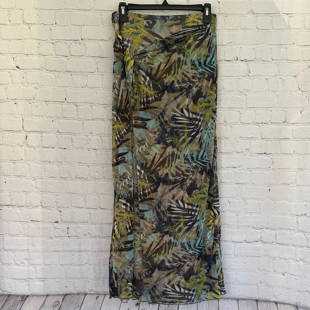 Mexx Tropical Faux Wrap Leaf Print Maxi Skirt in Teal, Olive & Blue